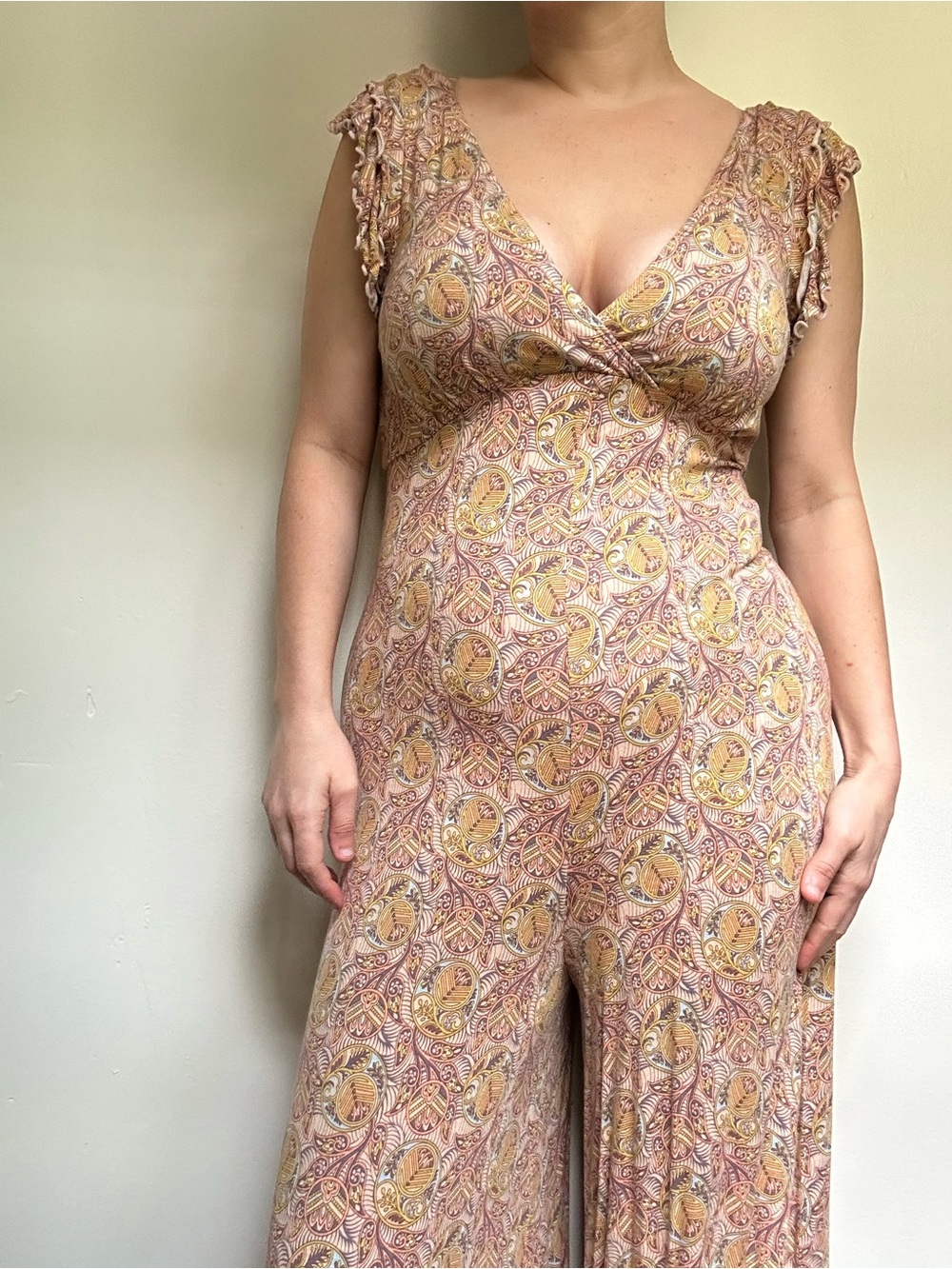 Anthropologie Pink and Tan Paisley Wide-Leg Jumpsuit